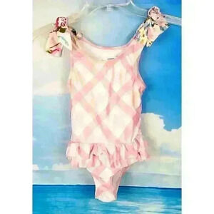 CROWN & IVY Girl Toddler PINK PLAID Swim Bathing Suit 1 piece RUFFLE and BOWS 3T
